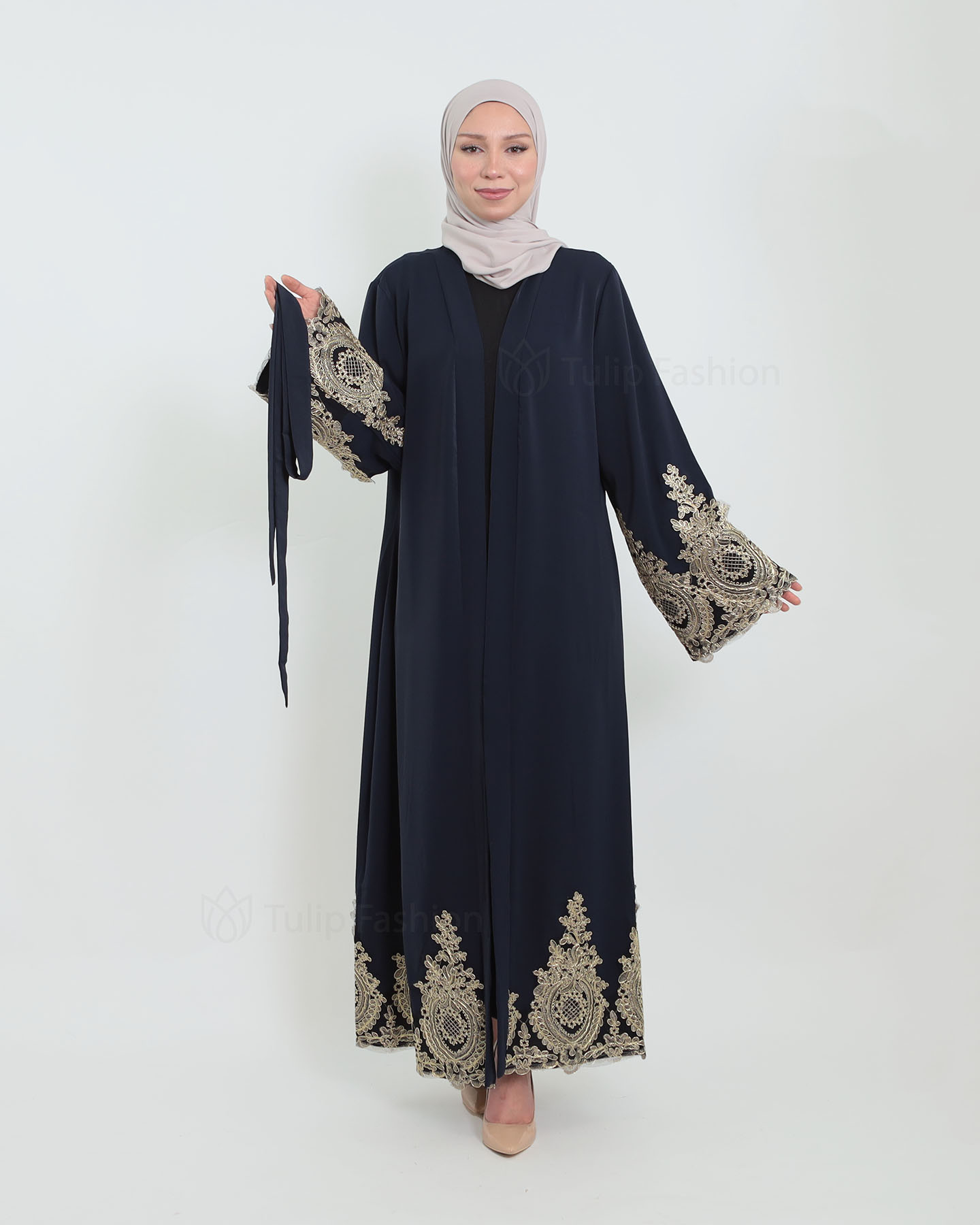 Open Abaya with Lace Embroidery - Navy Blue - 4