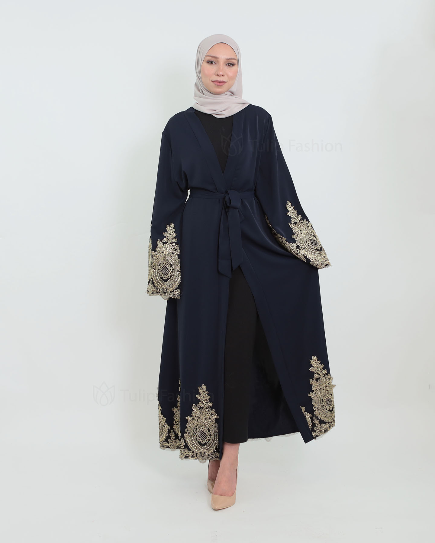Open Abaya with Lace Embroidery - Navy Blue - 2