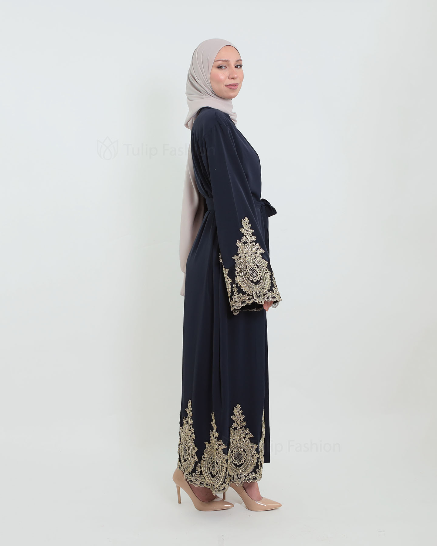 Open Abaya with Lace Embroidery - Navy Blue - 3