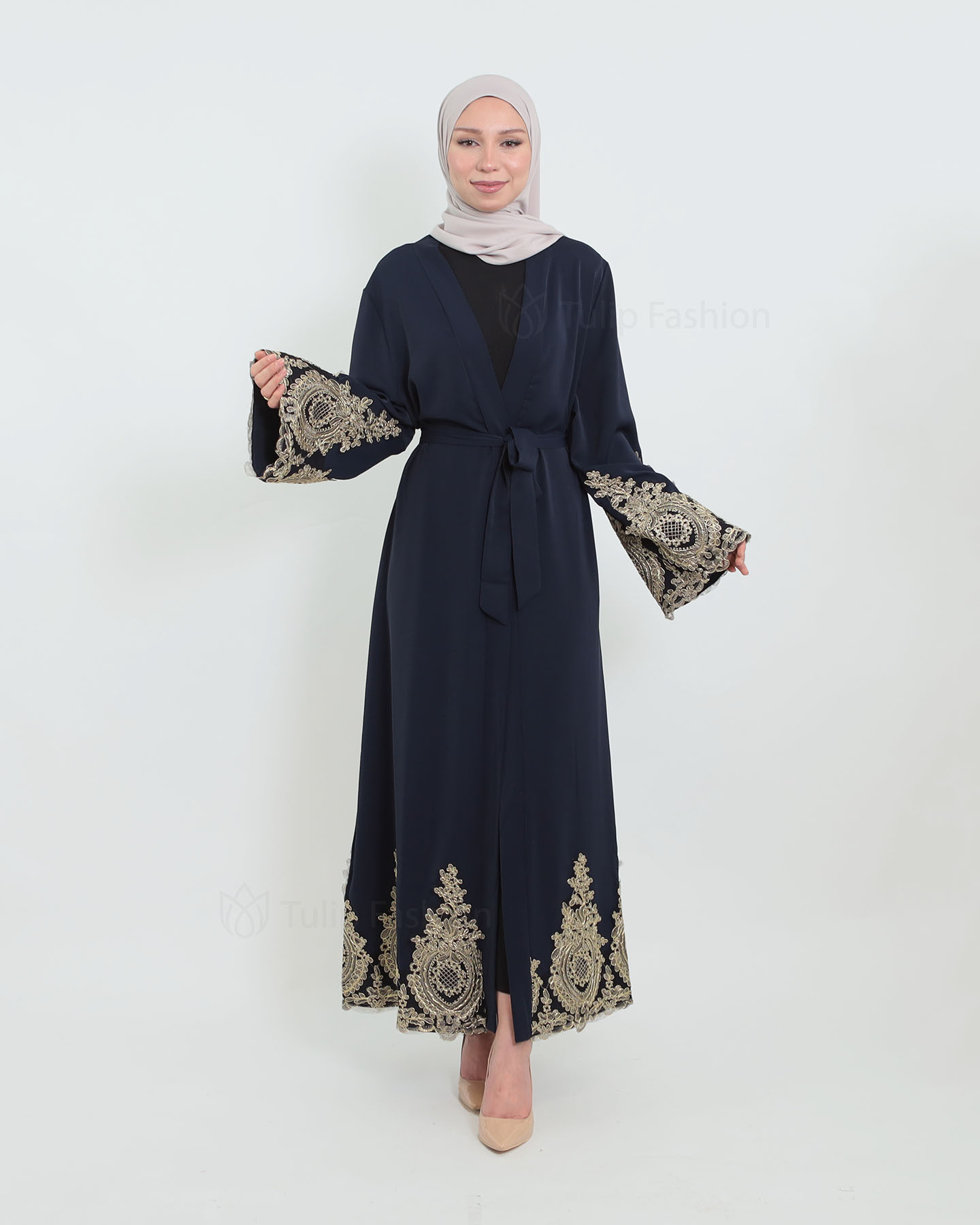 Open Abaya with Lace Embroidery - Navy Blue