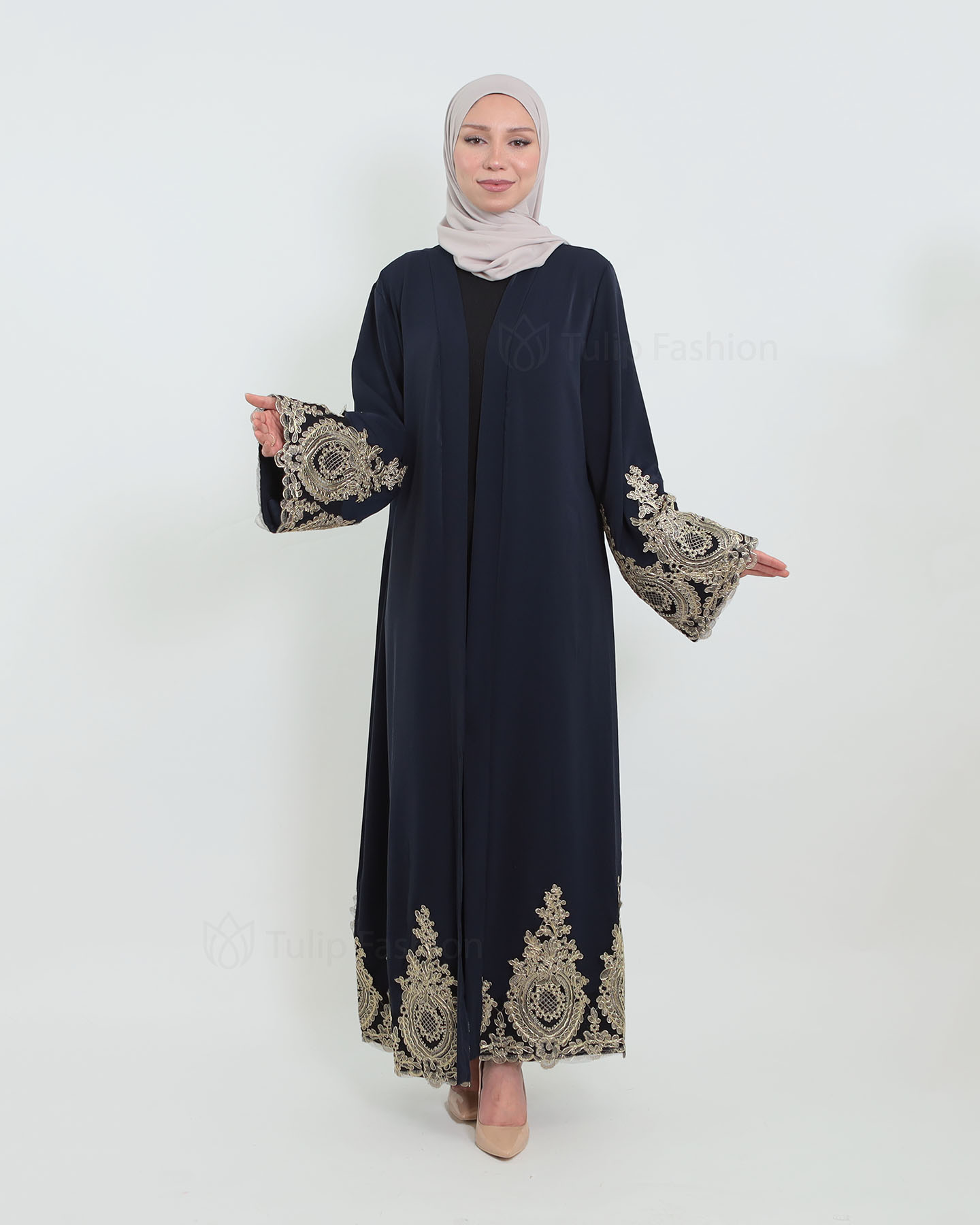 Open Abaya with Lace Embroidery - Navy Blue - 5