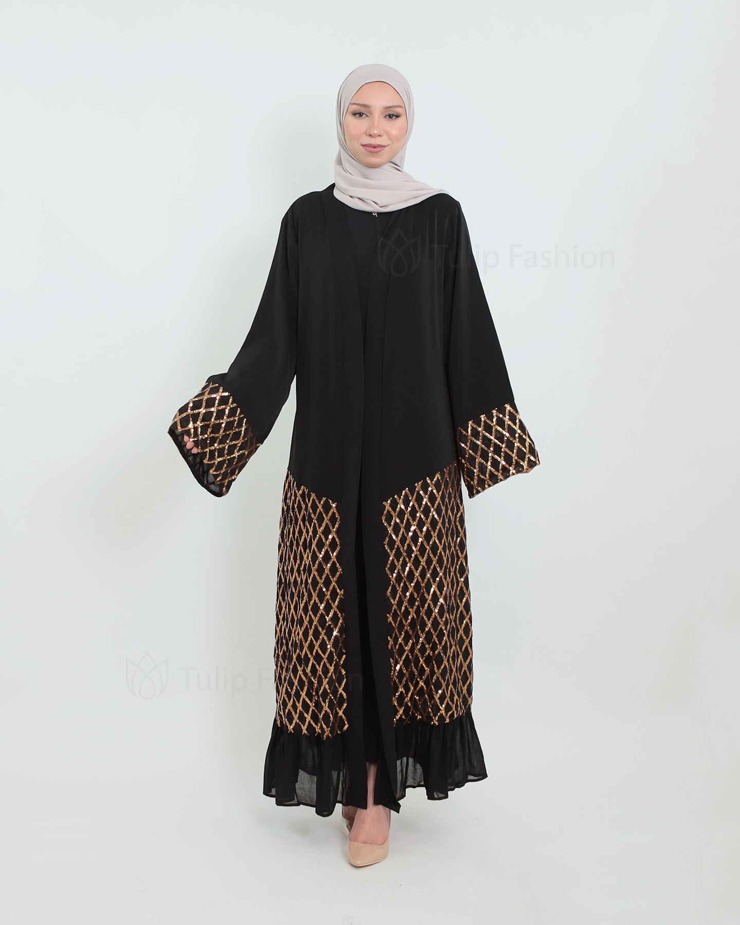 Open Abaya with Sequins - Black - 5