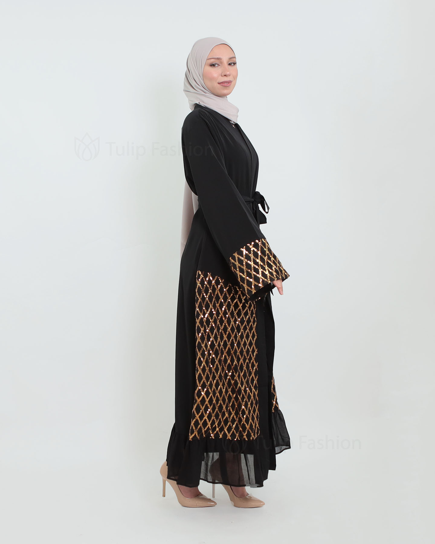Open Abaya with Sequins - Black - 2