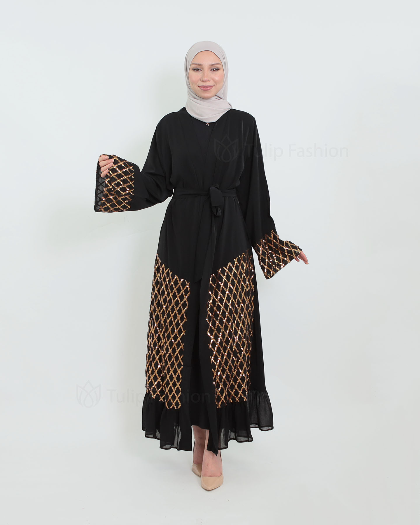 Open Abaya with Sequins - Black