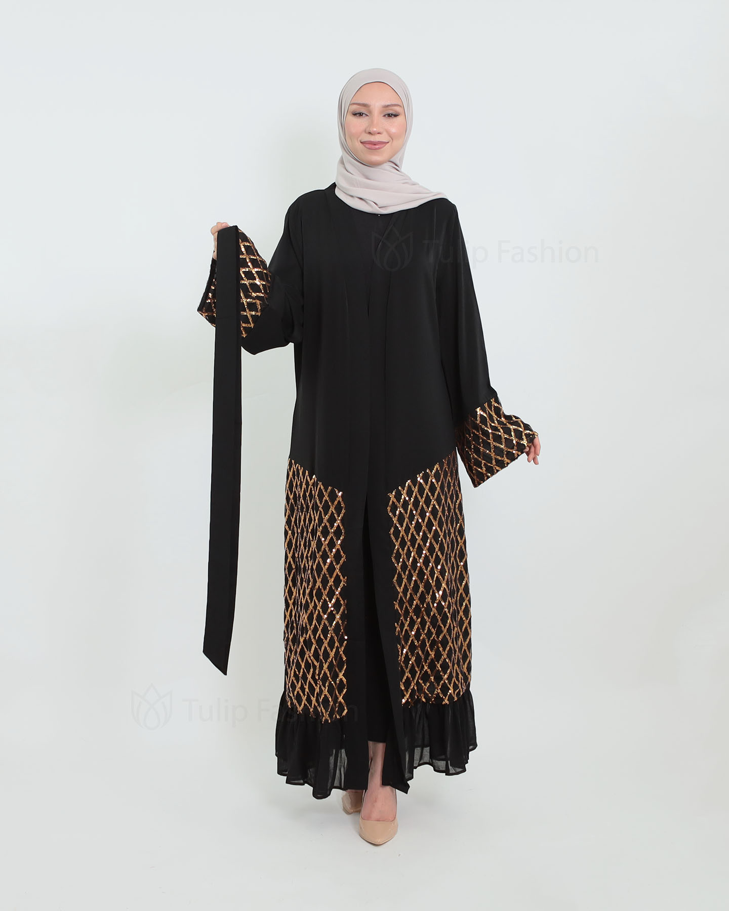 Open Abaya with Sequins - Black - 4