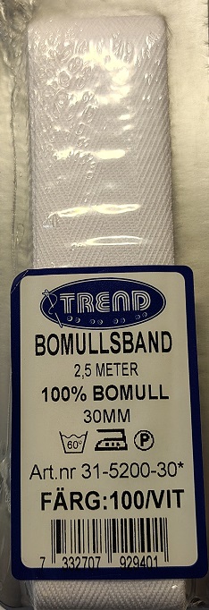 Bomullsband vit 30 mm