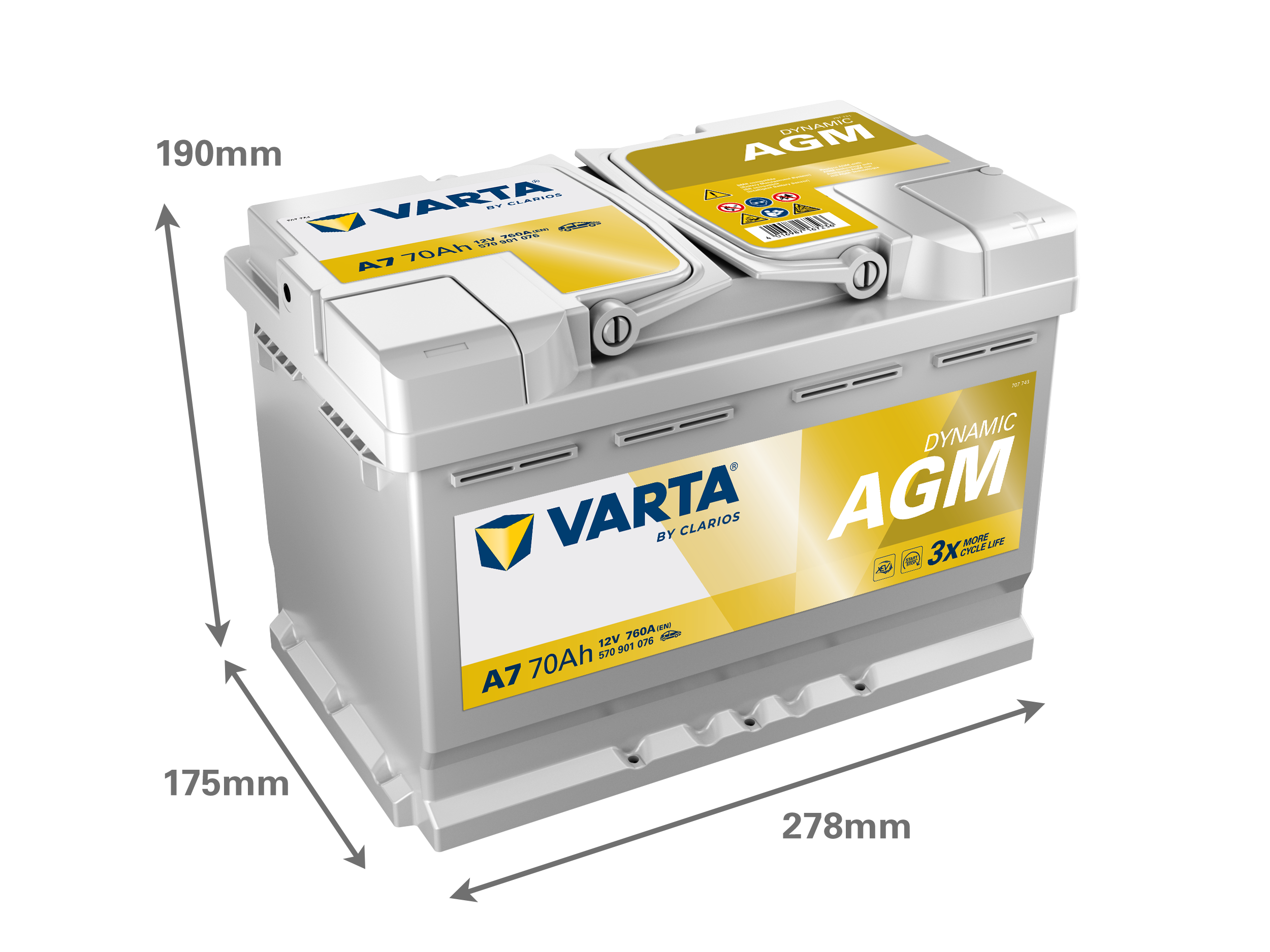 VARTA Silver Dynamic AGM Batteri 12V 70AH 760CCA (278x175x190/190mm) +höger A7 xEV