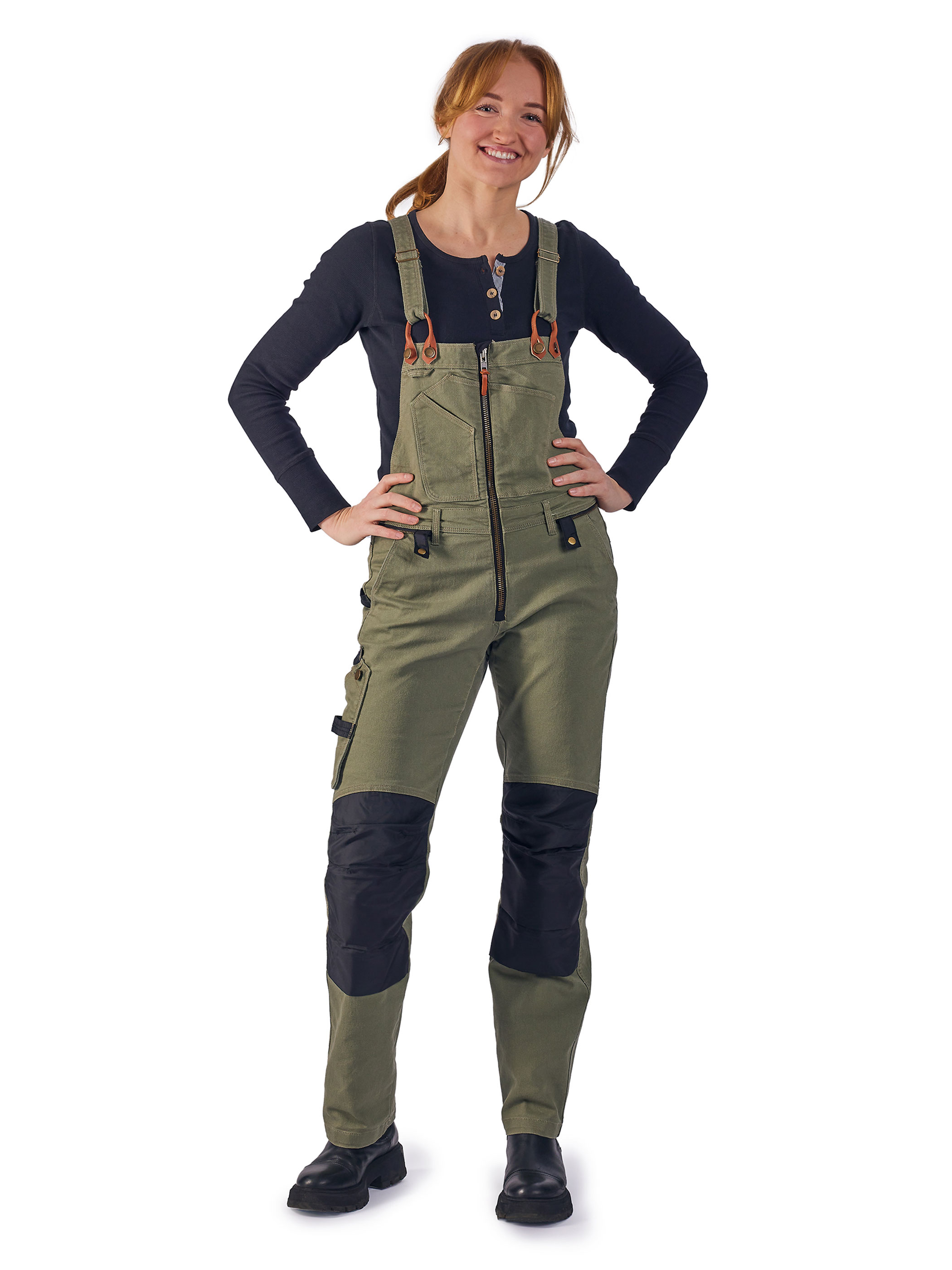 Dee Olive Worker Bib Pants - women's carpenter trousers - Flora