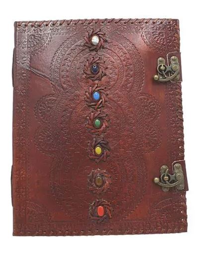 Dagbok /Journal  läder -Mandala, Brun  - Chakra -7 stenar  - 33cm