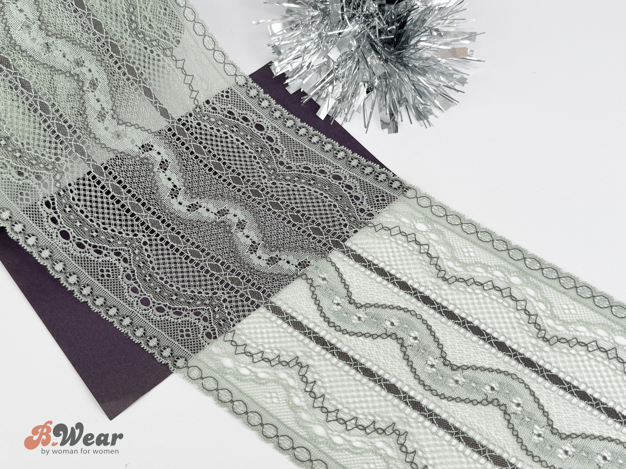 Olive & gray patterned stretch lace - 16 cm - 2