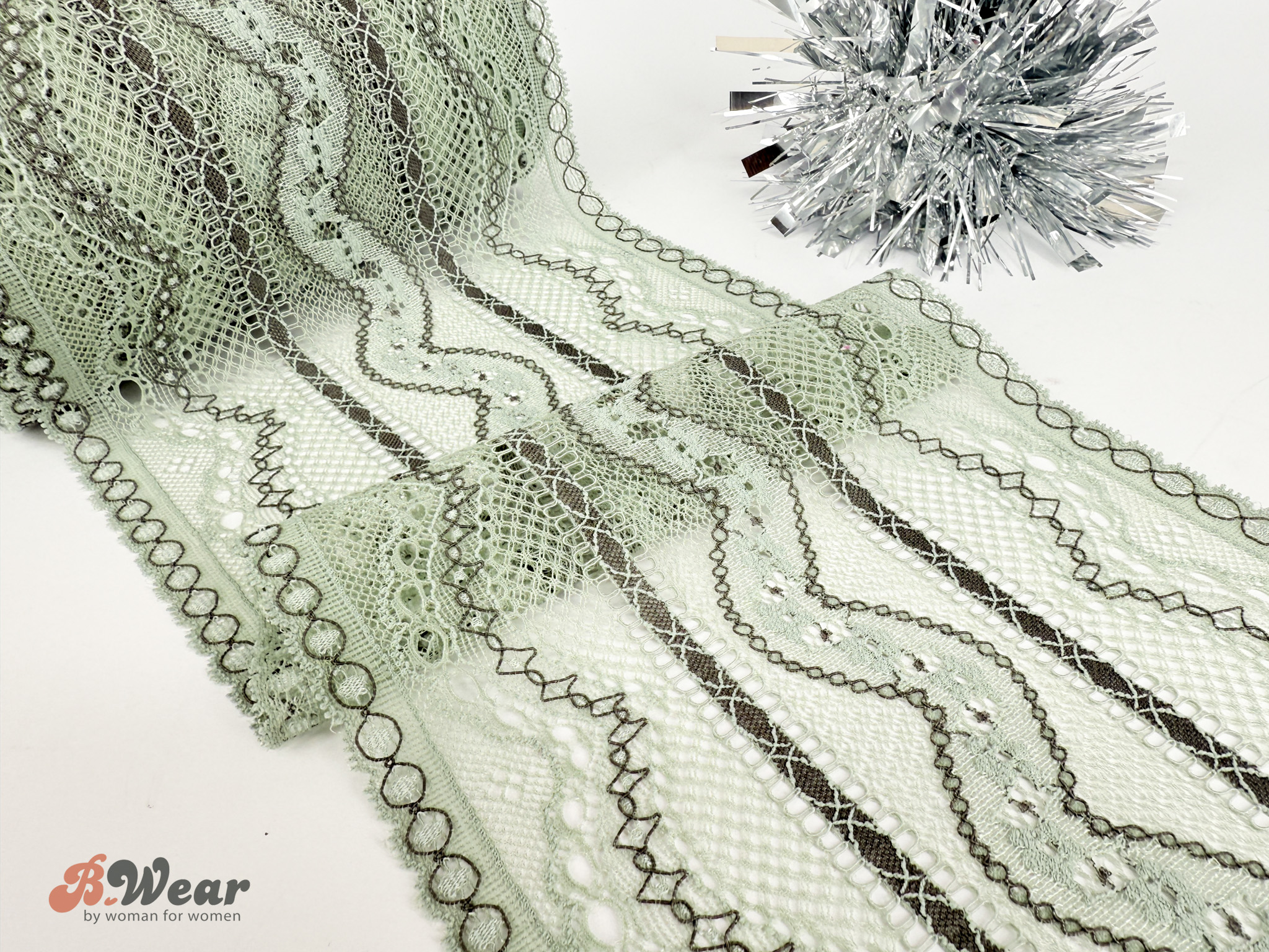 Olive & gray patterned stretch lace - 16 cm