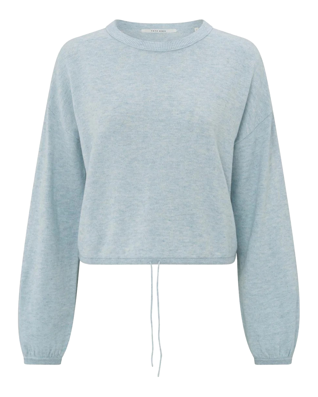 Jumper stickad gråblå melerad dragsko i midjan - 4