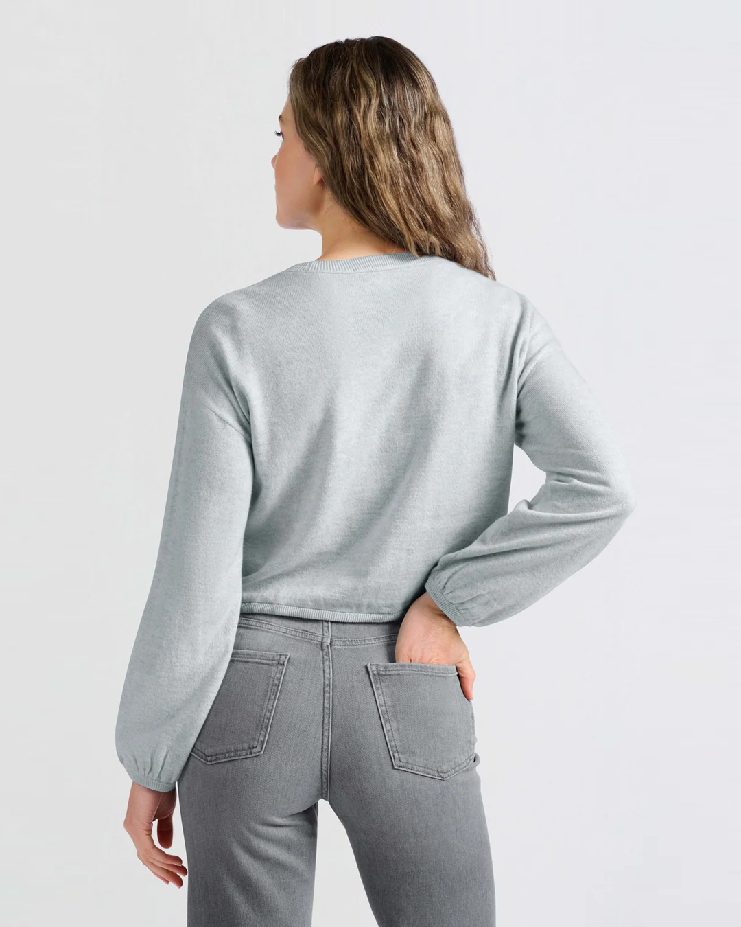 Jumper stickad gråblå melerad dragsko i midjan - 2