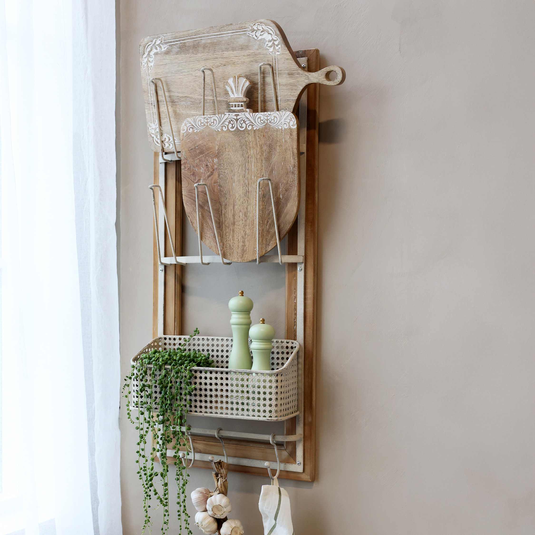 Hållare med krokar och korg - Hållare - H90/L40/B15 cm - Antik Creme