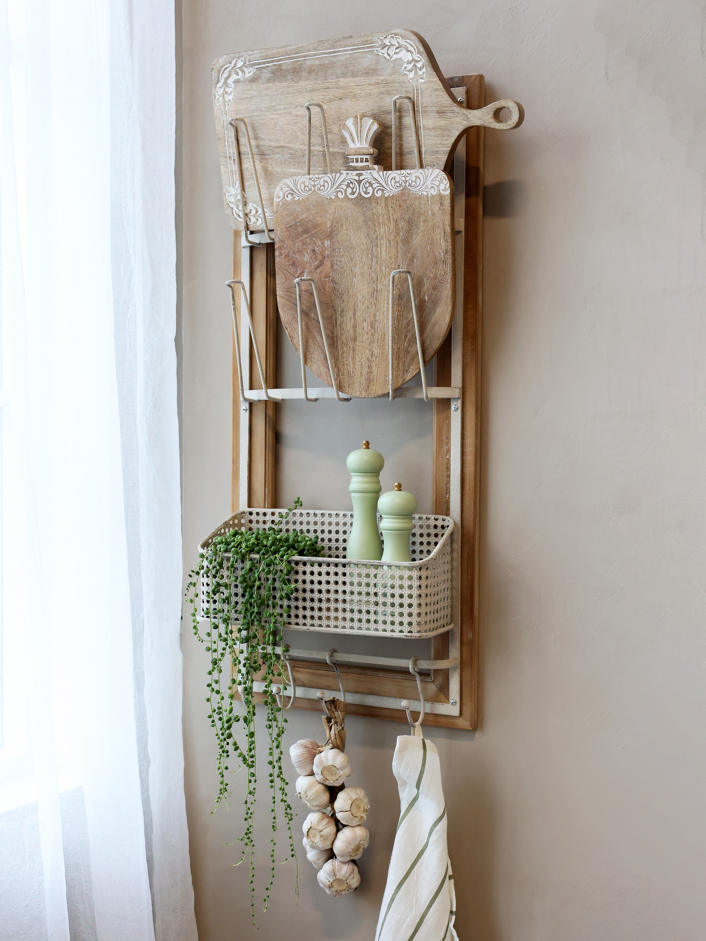 Hållare med krokar och korg - Hållare - H90/L40/B15 cm - Antik Creme - 3