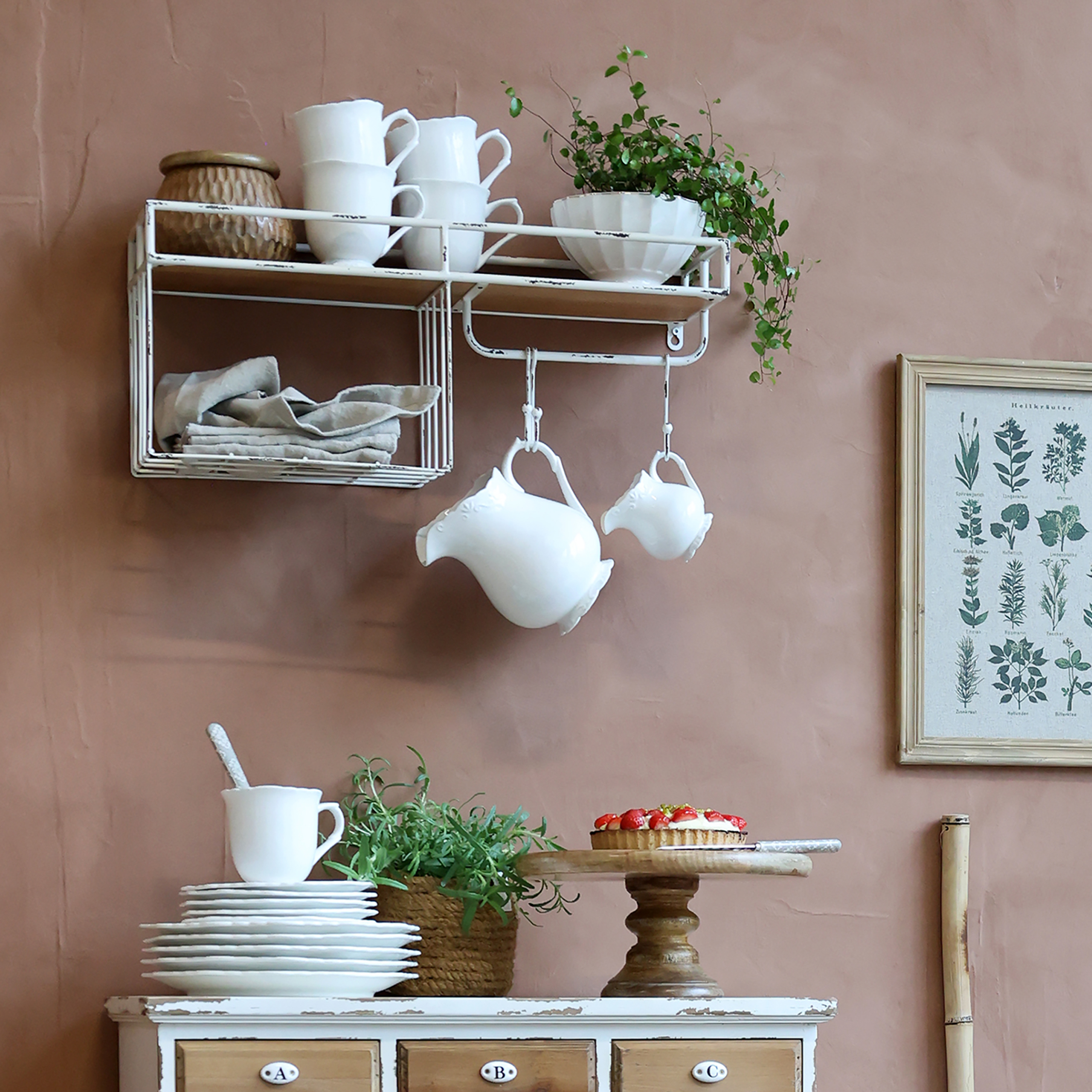 Hylla med krokar - Hylla - H24/L58/B18 cm - Antik Creme