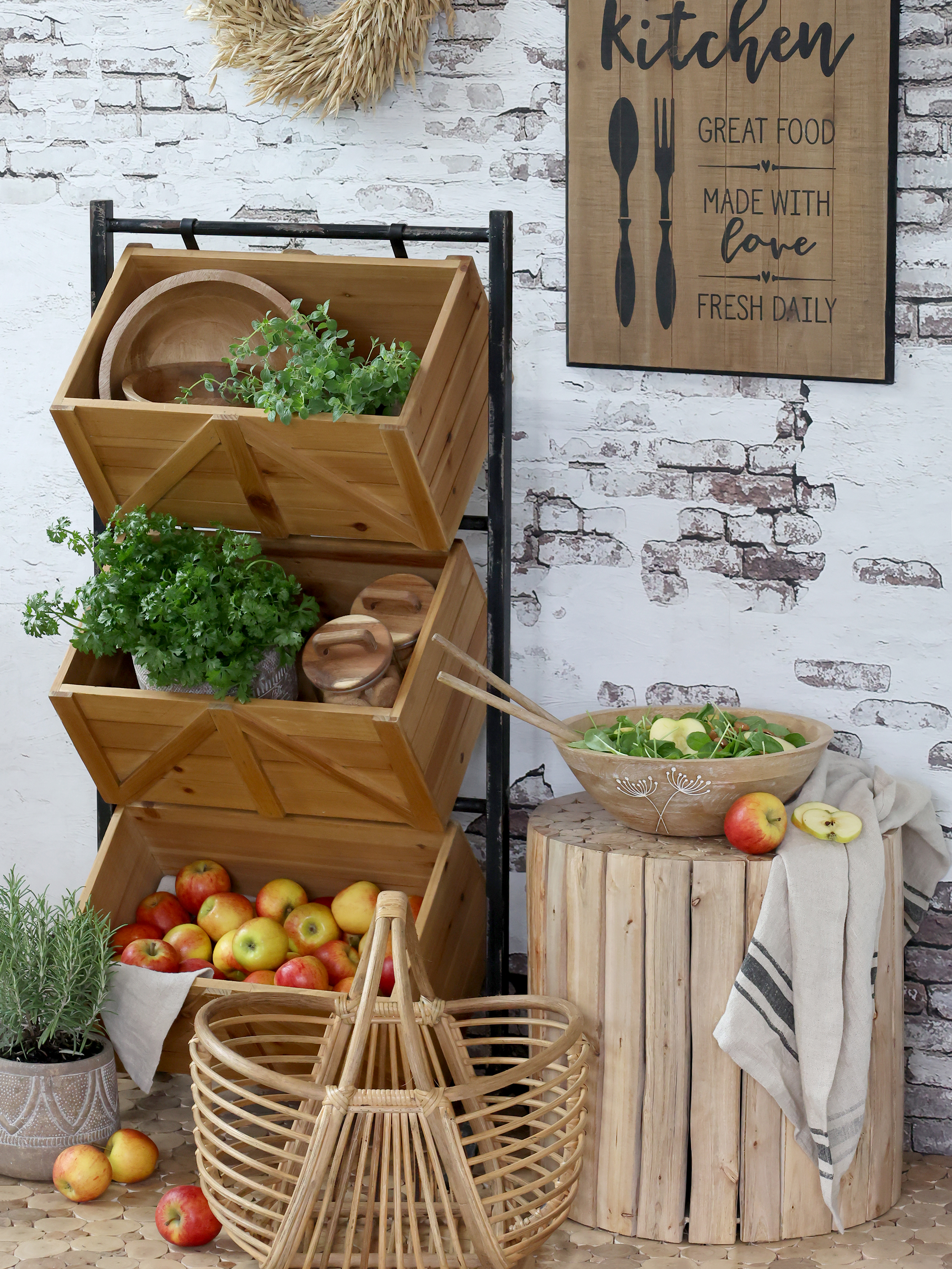 Holder with 3 wooden boxes - H104/L50/W34 cm - Natural