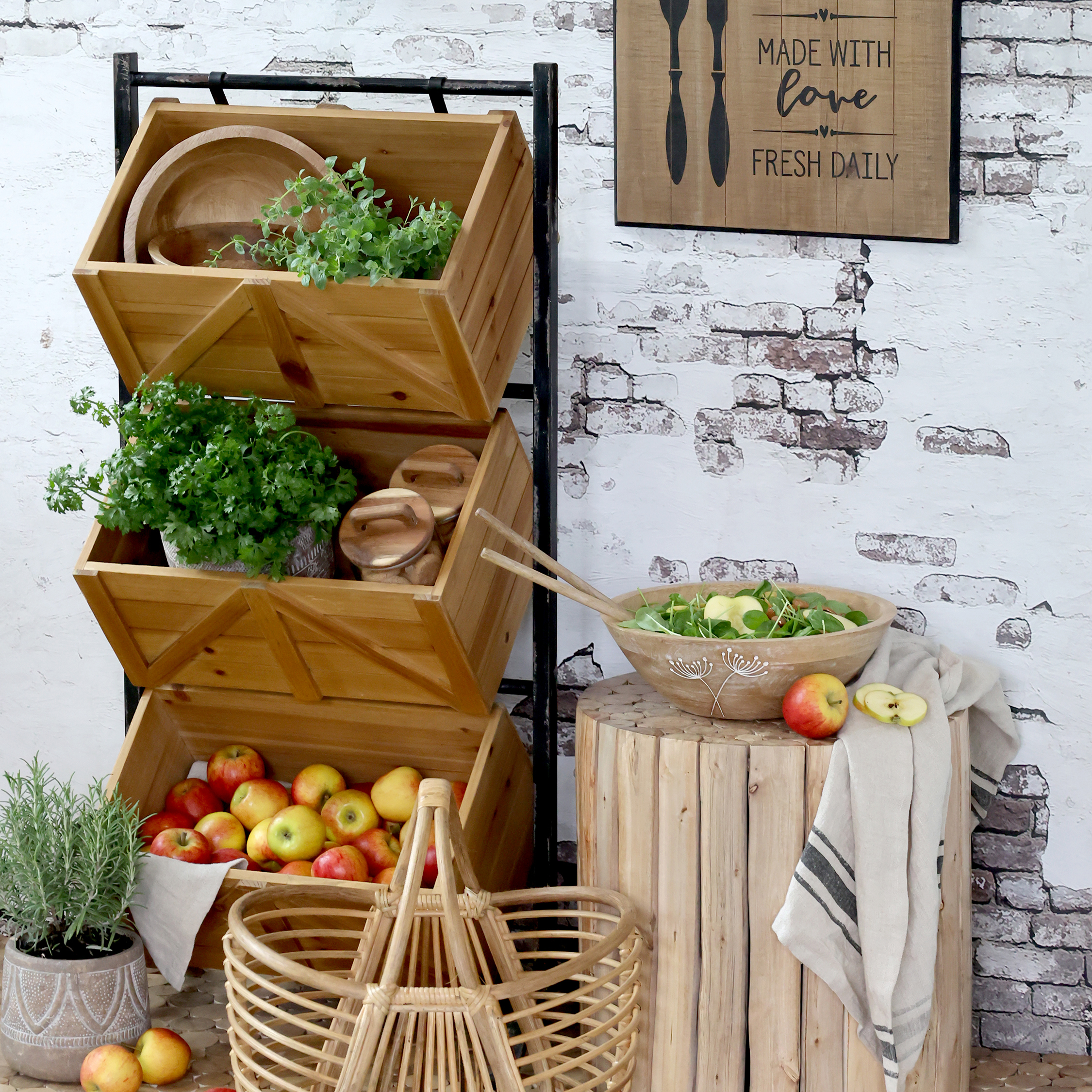 Holder with 3 wooden boxes - H104/L50/W34 cm - Natural - 3