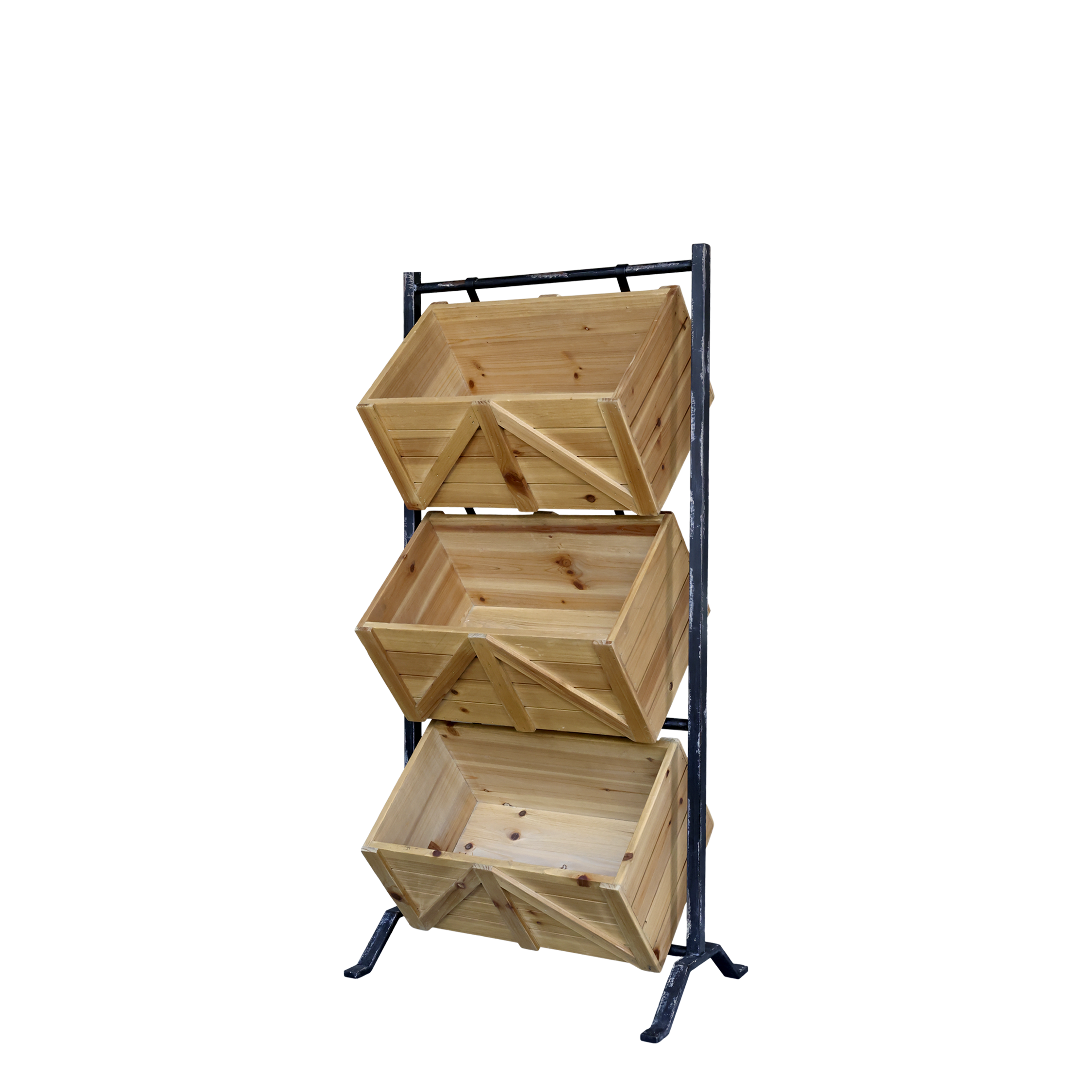 Holder with 3 wooden boxes - H104/L50/W34 cm - Natural - 2