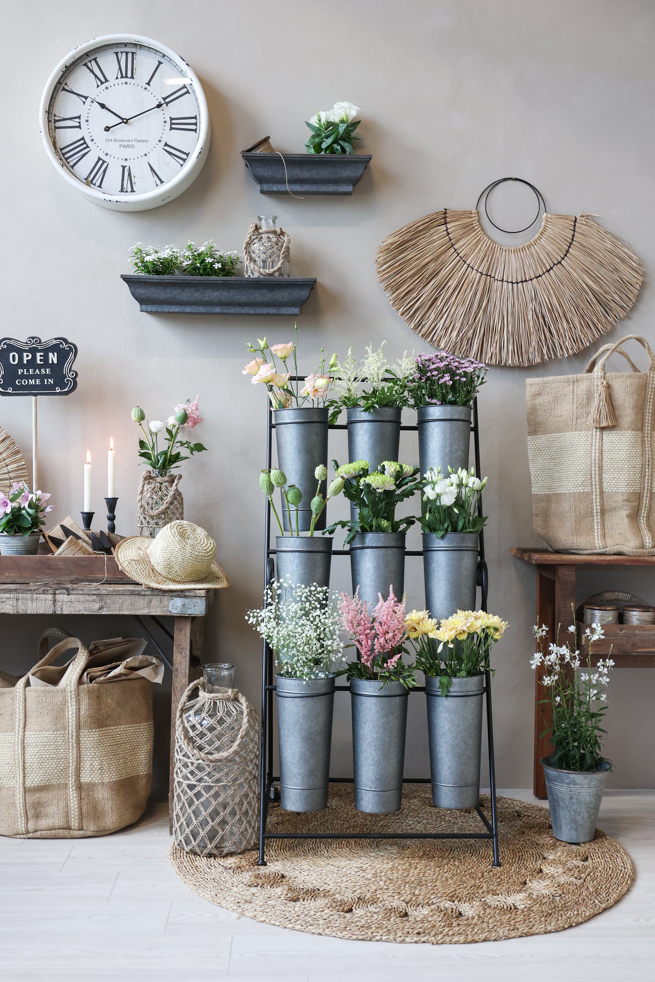 Hylla för blommor med 9 gömmor - H127/L61/B53 cm - Antik Zink - 3