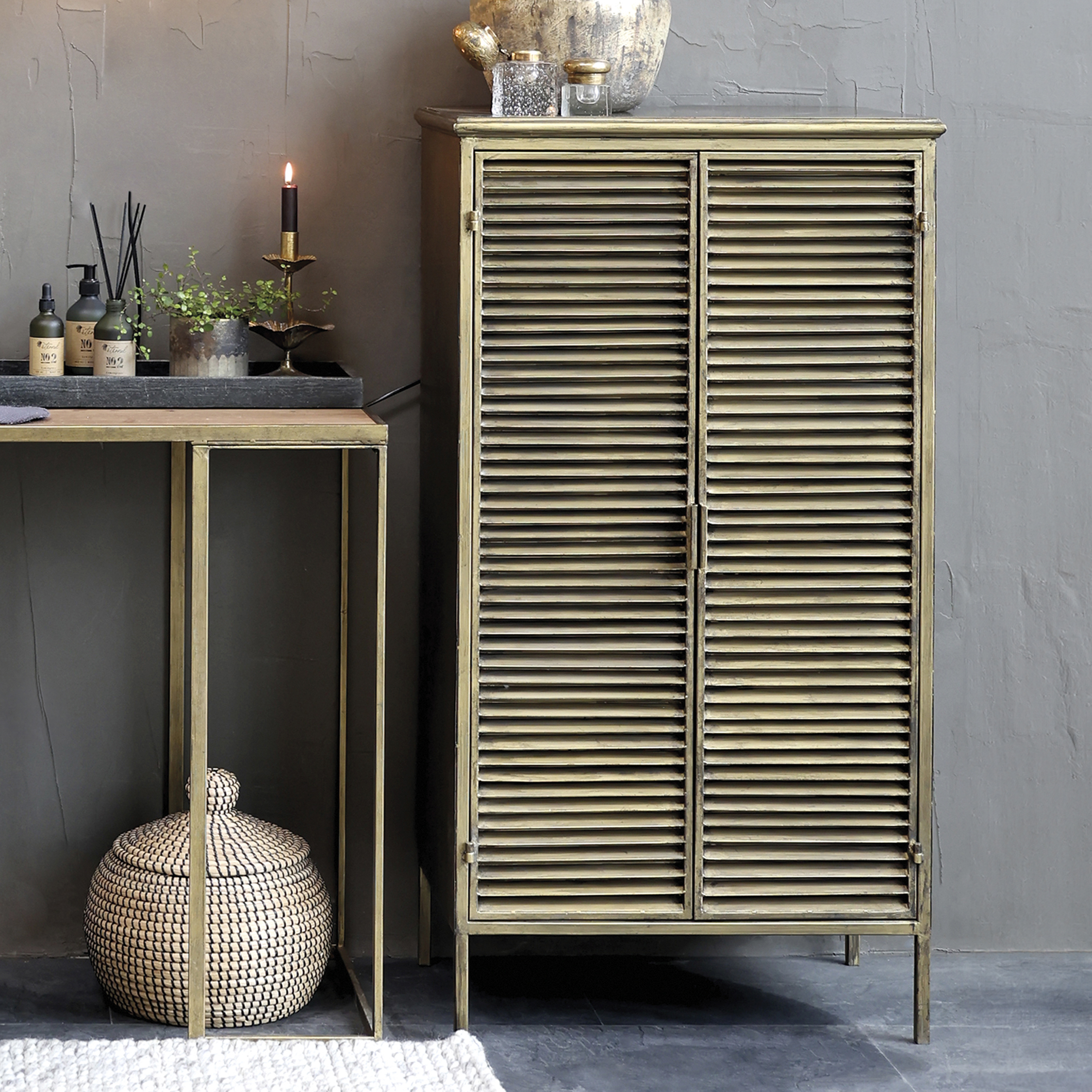 Cabinet with 2 slatted doors - Cabinet - H116/L60/W36.5 cm - Antique Brass - 3