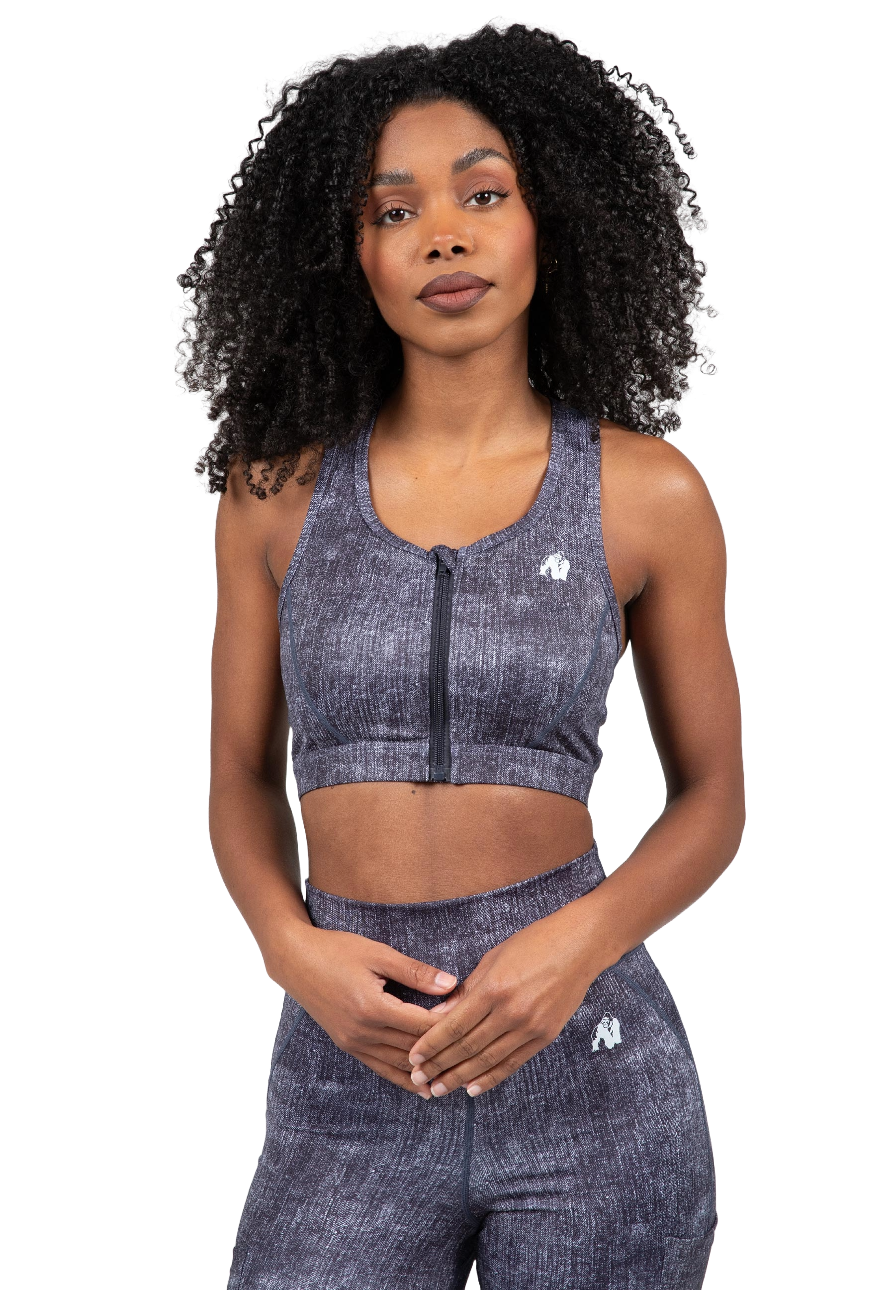 Camilla Zip-Front Sports Bra, blue denim
