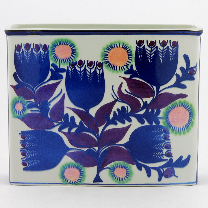 Berte Jessen (Tenera 1958) Block Vase with Blue/Purple Flower Decor 19/15 cm
