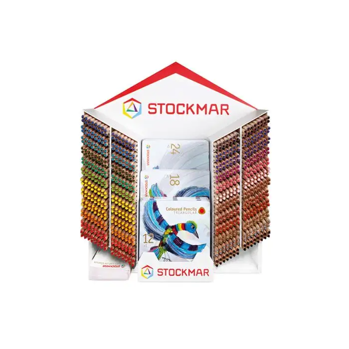 Stockmar Display för färgpennor - komplett m pennor + mixade plåtaskar/askar