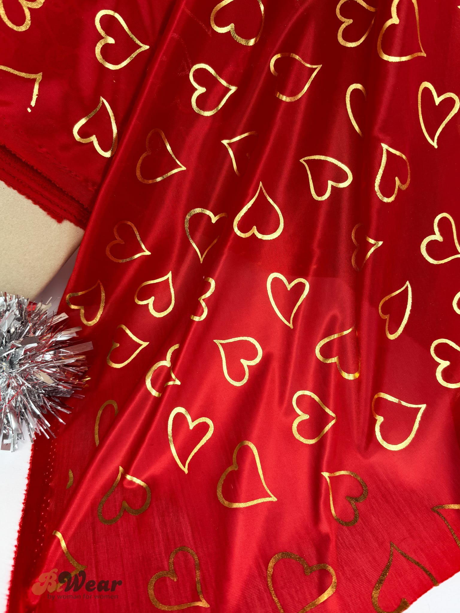Thin Stretch Satin - Red with gold hearts
