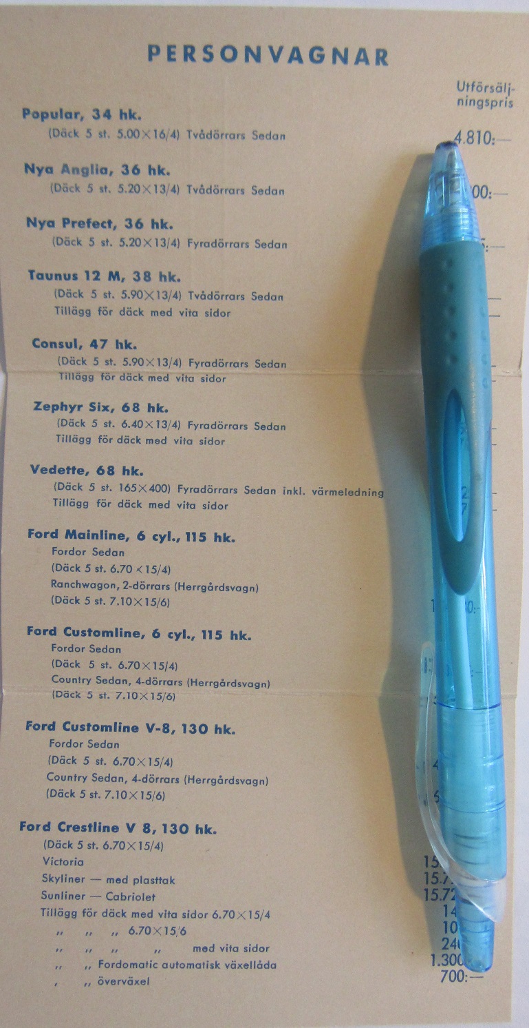 1954 Ford Prislista Personvagnar alla modeller svensk - 2