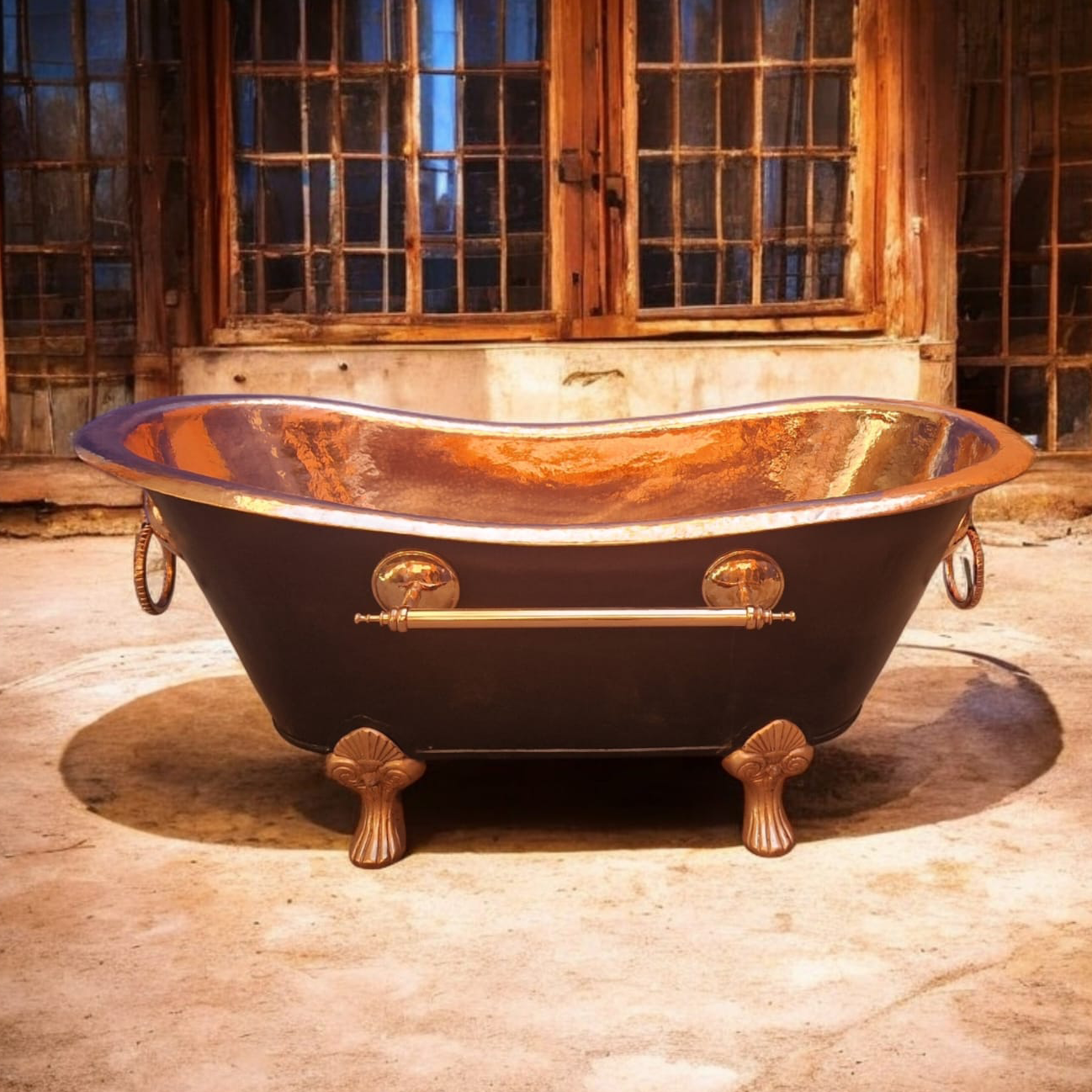 Bañera de cobre con exterior ennegrecido.