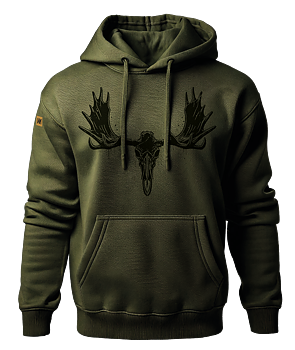 Sort hættetrøje med grønt elgkranie