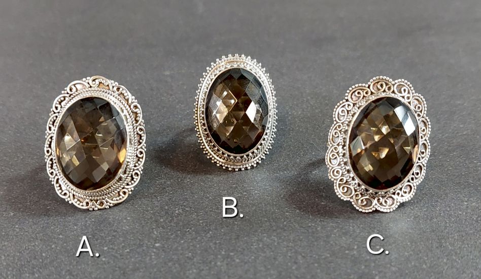 Filigran Ring Silver - Facettslipad Rökkvarts Cabochon - 3 sorter