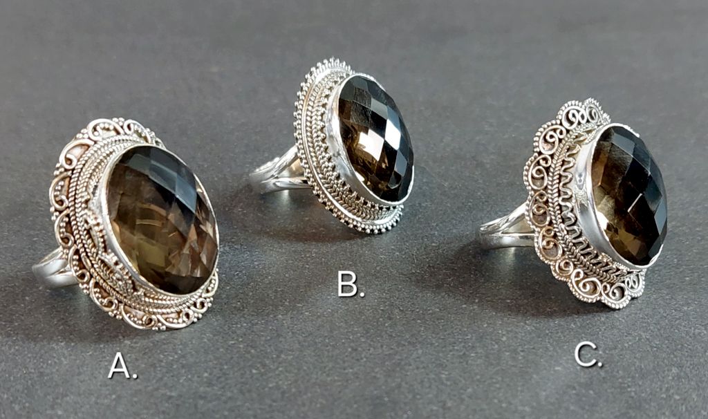 Filigran Ring Silver - Facettslipad Rökkvarts Cabochon - 3 sorter - 2