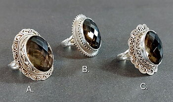 Filigran Ring Silver - Facettslipad Rökkvarts Cabochon - 3 sorter