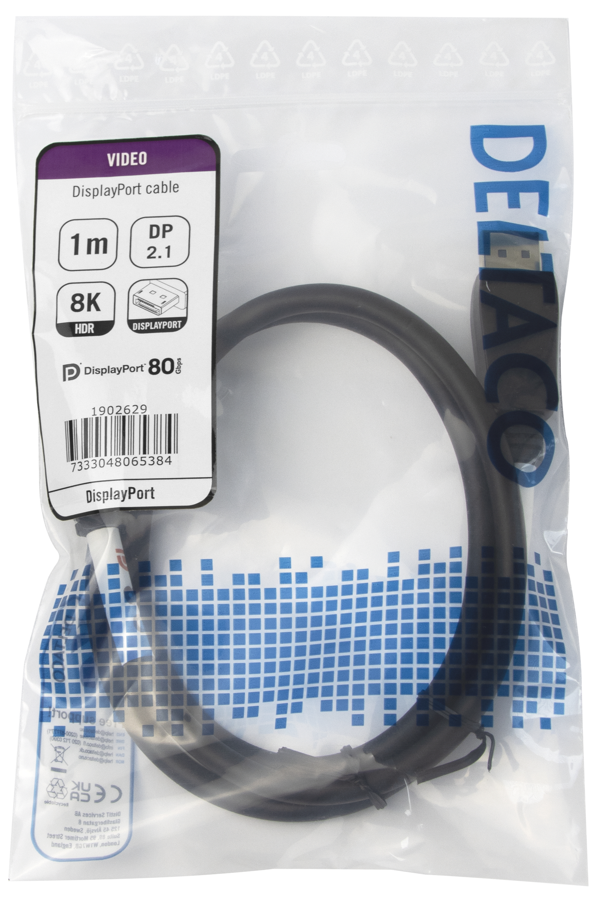 Deltaco DisplayPort kabel, DP 2.1, 8K, DP80, 1m, svart - 3