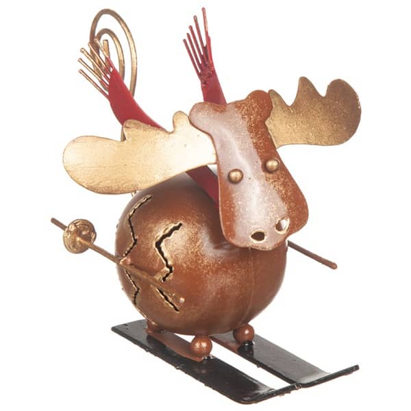 Älg på skidor i hamrad plåt. Färg - röd, guld, svart och brun