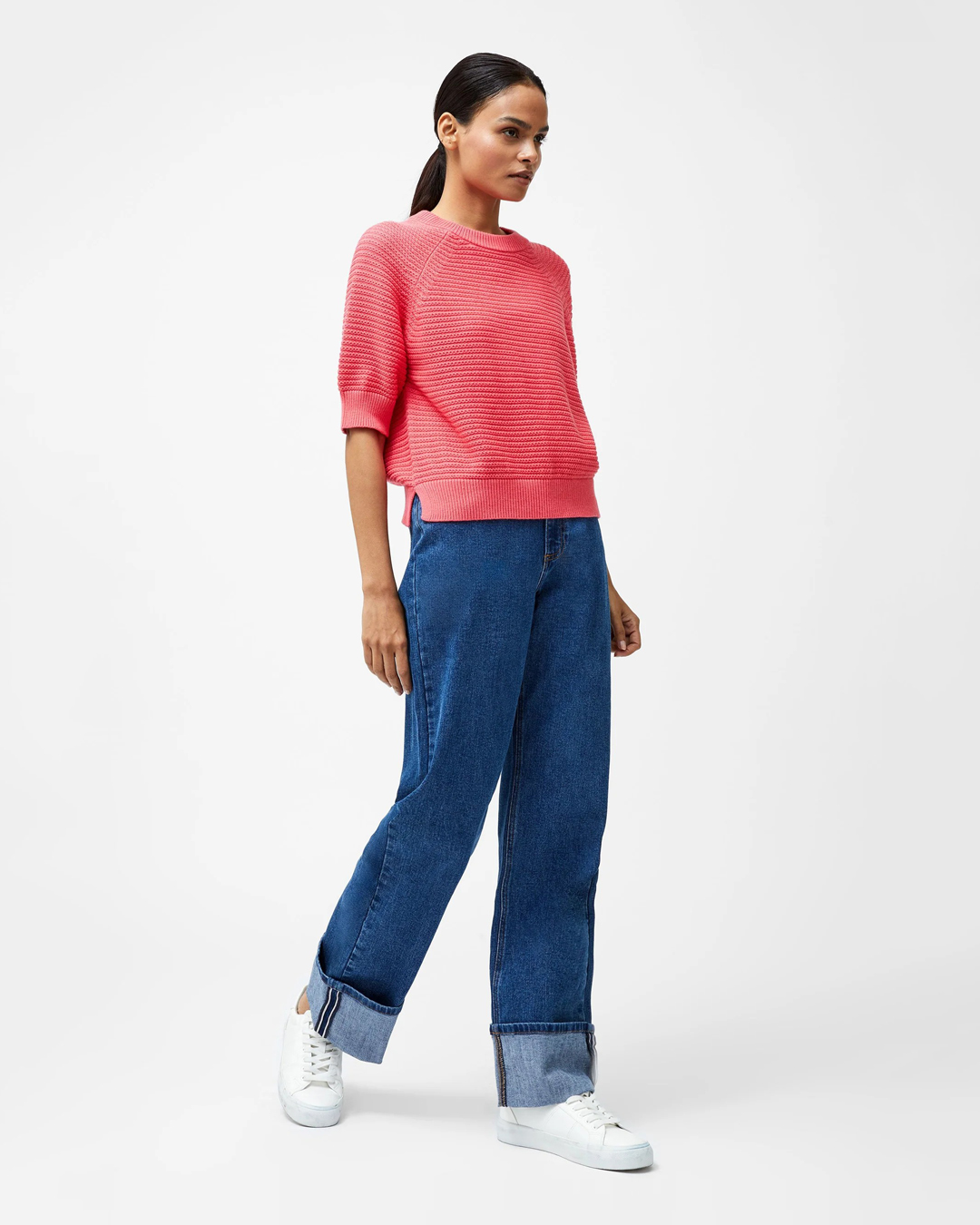 Stickad jumper Lily kort ärm korallröd - 2