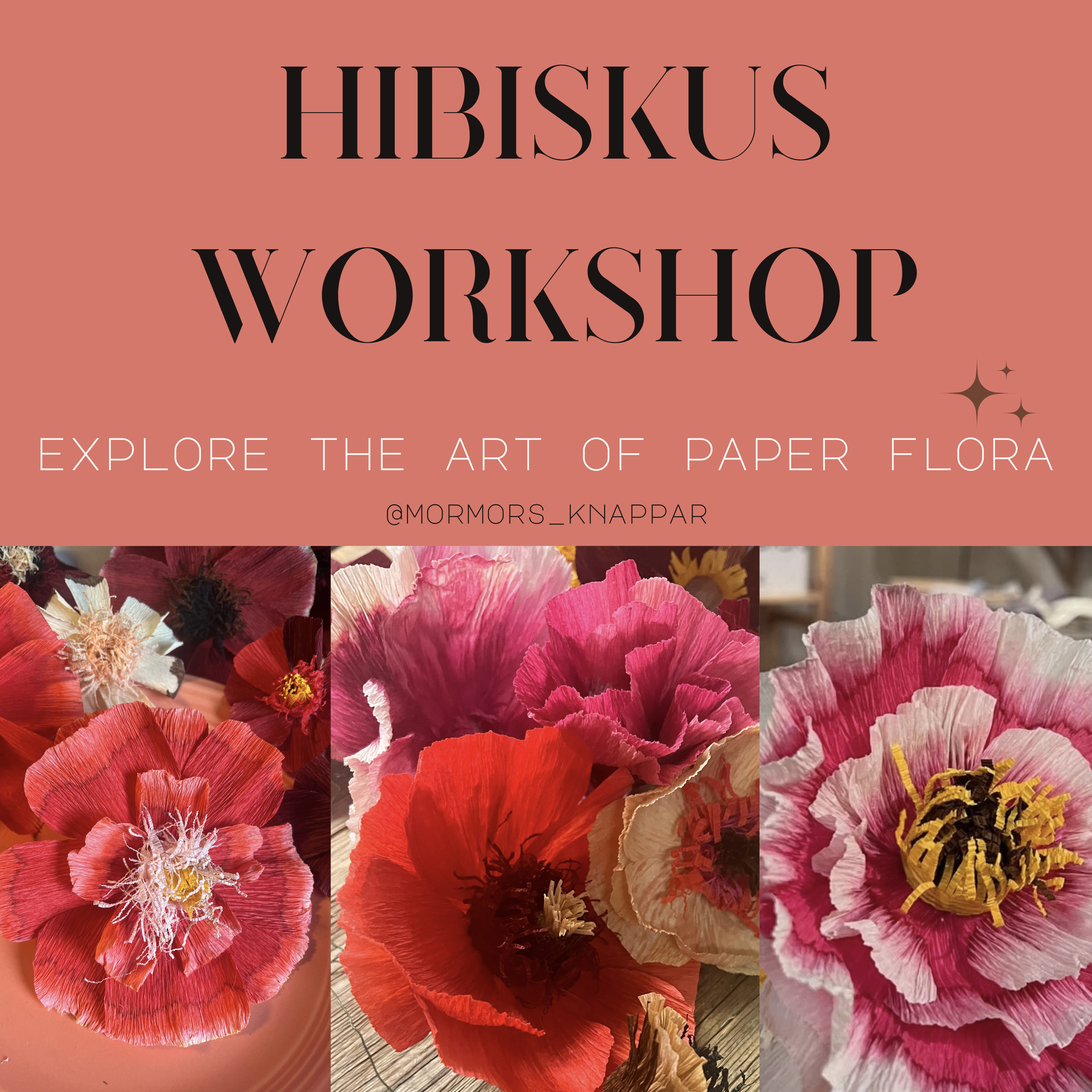 Bild på affisch för att boka en workshop i att göra hibiskus, fylliga röda och vita blommor.
