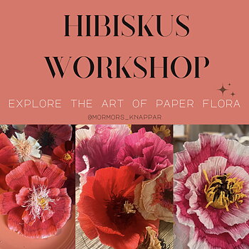Bild på affisch för att boka en workshop i att göra hibiskus, fylliga röda och vita blommor.