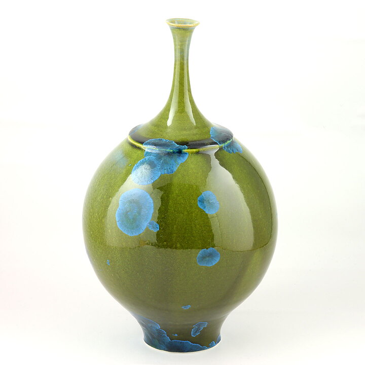 Isak Isaksson (2000s) Unique Vase with Green/Blue Crystalline Glaze 28 cm