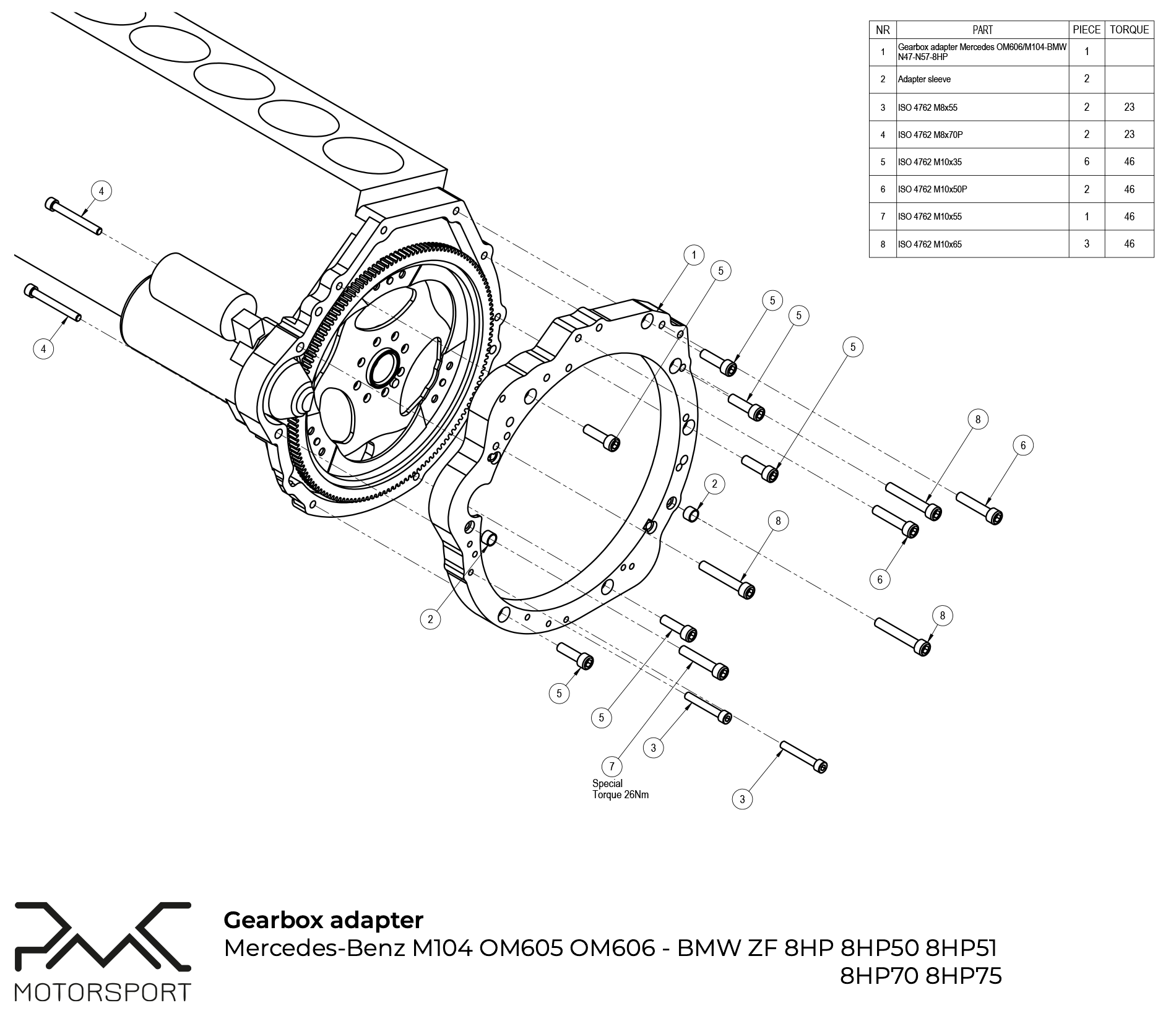 PMC Adapter Kit Mercedes-Benz OM605 OM606 - BMW ZF 8HP 8HP75 8HP70 - 3