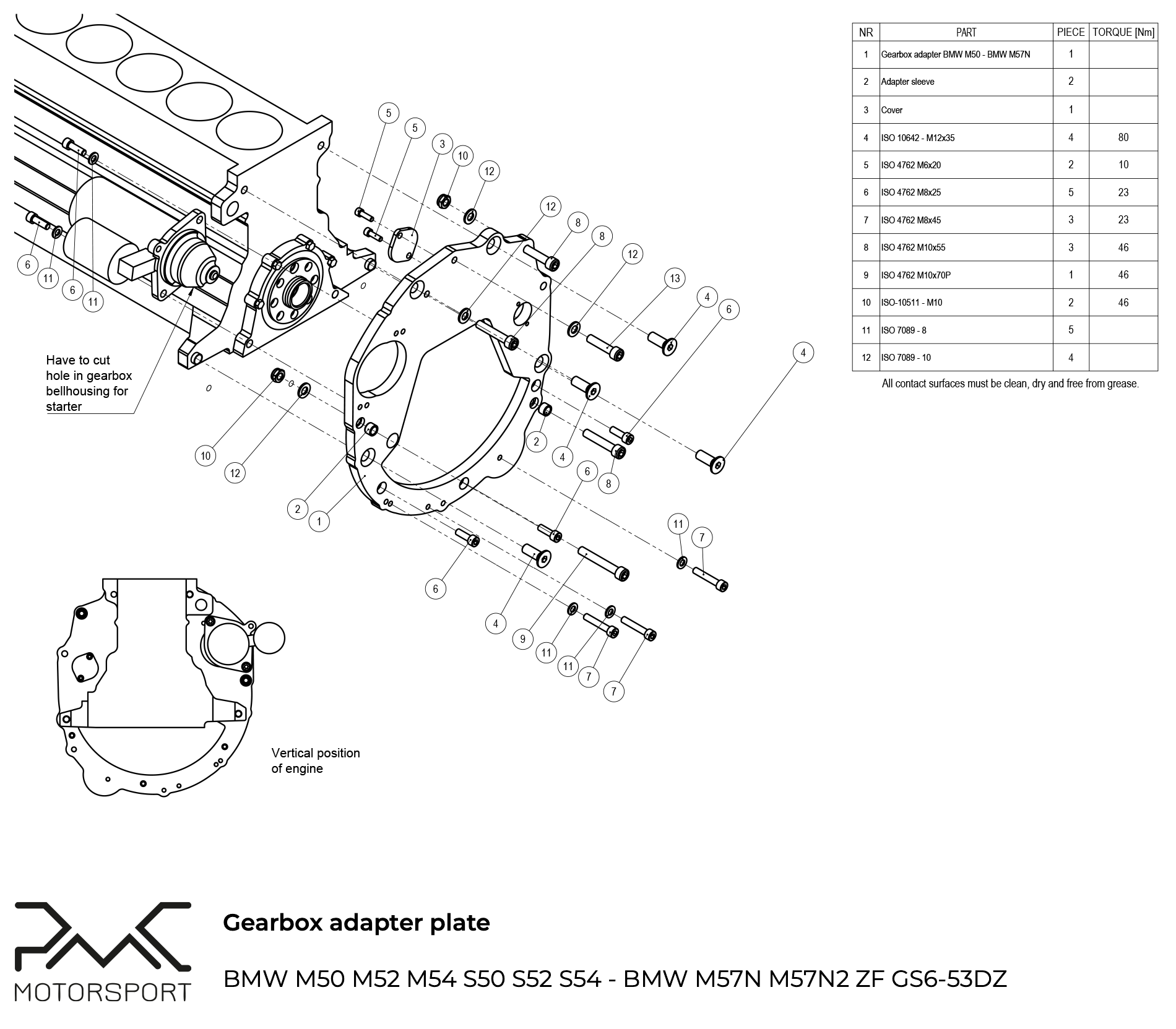 PMC Gearbox Adapter Plate BMW M50 M52 M54 S50 S52 S54 - BMW ZF 8HP / M57N GS6-53DZ (0° Vertical) - 2