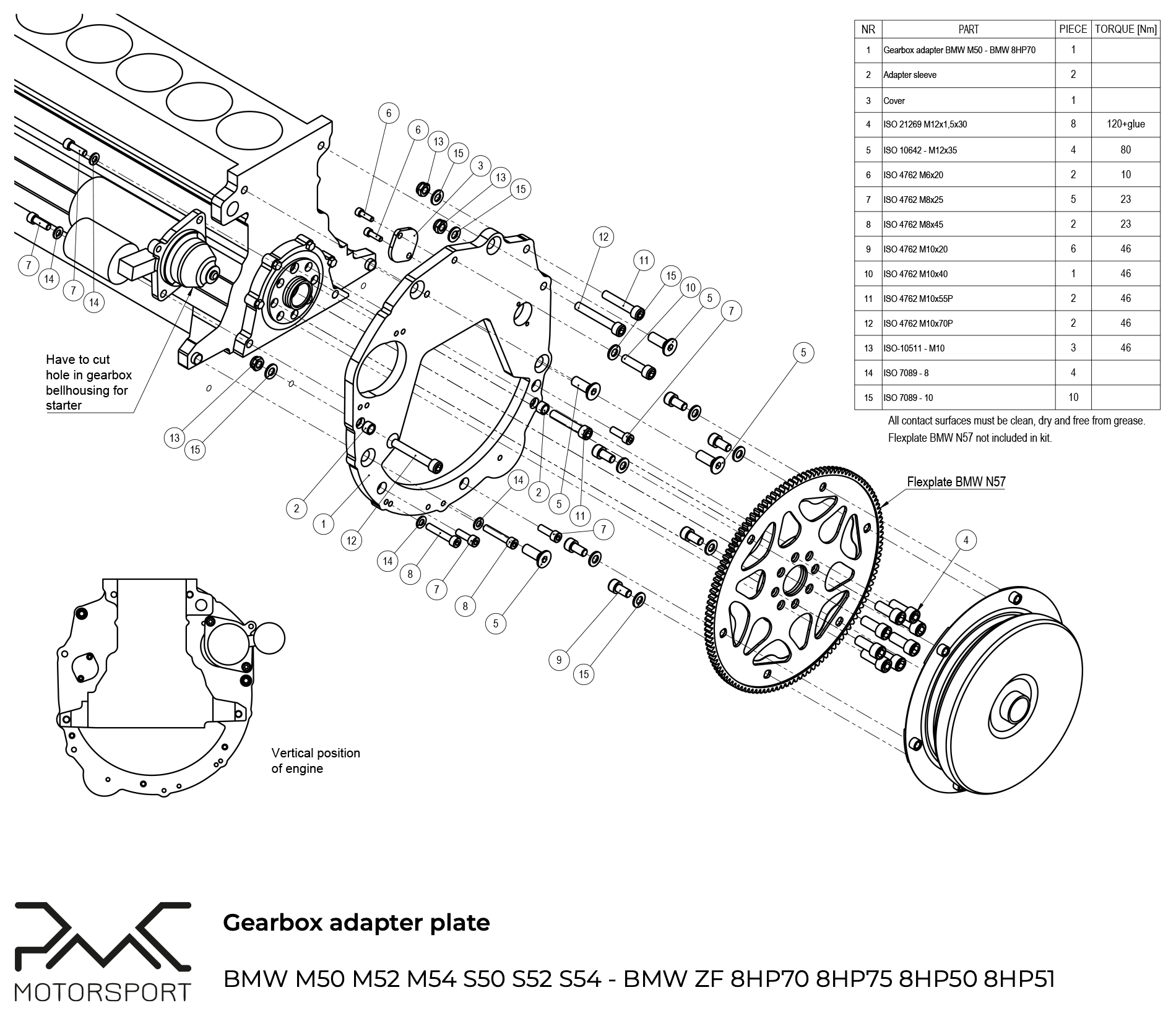 PMC Gearbox Adapter Plate BMW M50 M52 M54 S50 S52 S54 - BMW ZF 8HP / M57N GS6-53DZ (0° Vertical) - 3