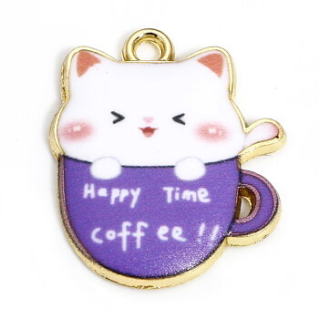Berlock -  Emaljerad katt i kopp, Lila "Happy Time Coffee"