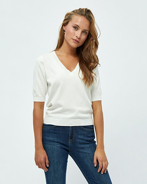 Topp Milla stickad v-ringad kort ärm offwhite - 2