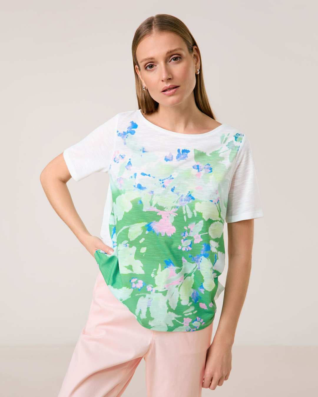 Topp rundringad offwhite grön/rosa tryck
