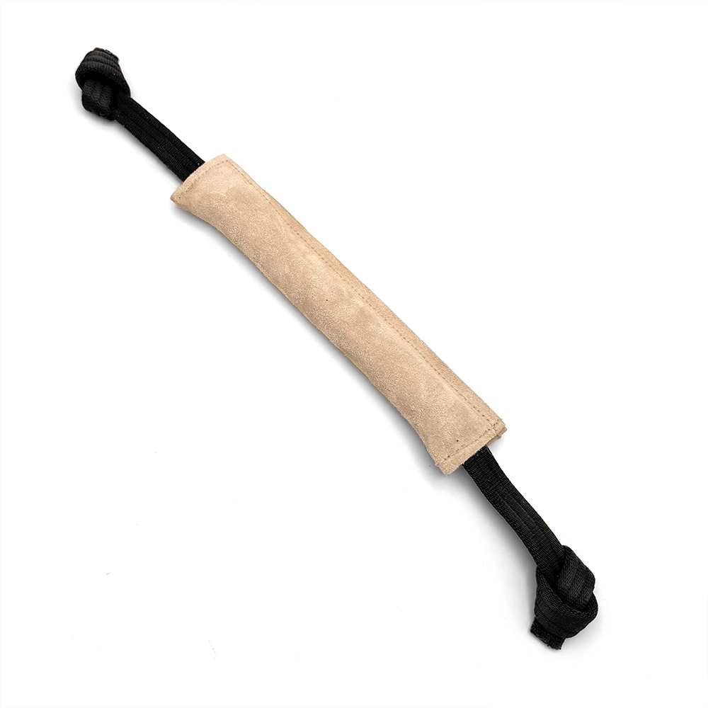 Jami playing roll in Swedish leather dog toy