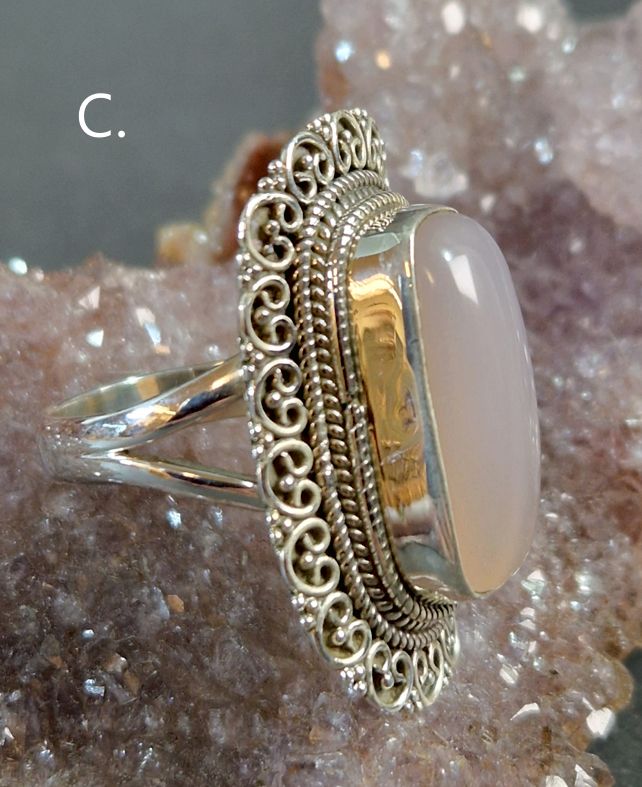 Filigran Ring Silver - Rosenkvarts Cabochon - 6 sorter - 7