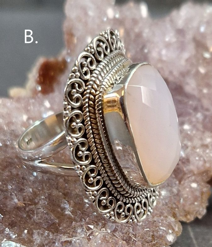 Filigran Ring Silver - Rosenkvarts Cabochon - 6 sorter - 5